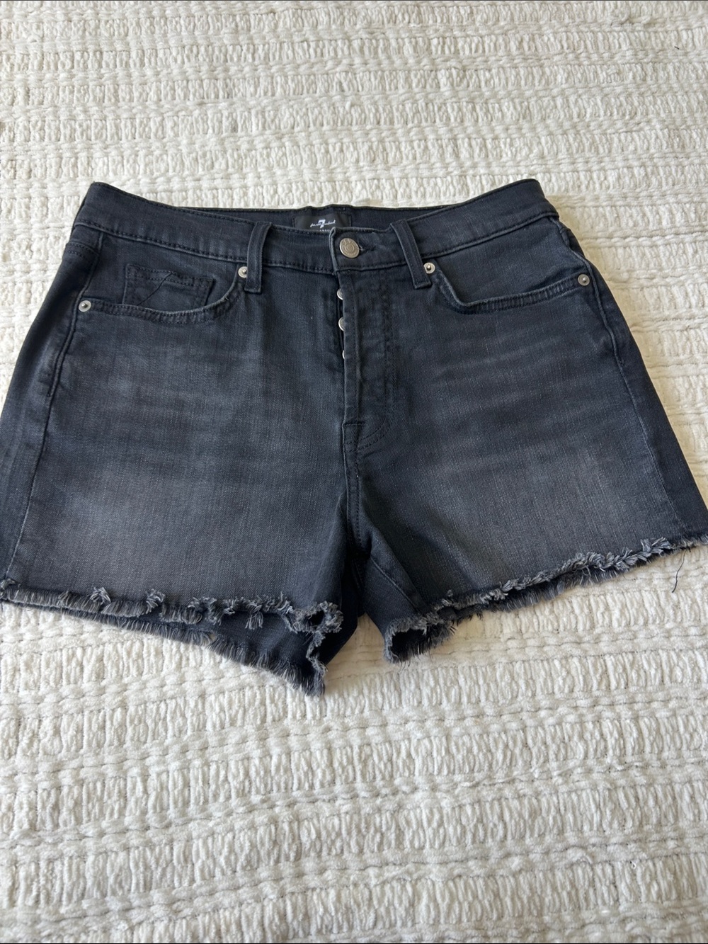 7 For All Mankind Black Frayed Hem Denim Shorts